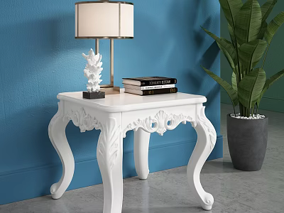 White Carved Side Table With Table Lamp Books Decorative Item Blue Wall And Green Plant 3d model