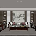 Traditional Chinese Living Room Interior With Landscape Painting Wooden Furniture And Bookshelves