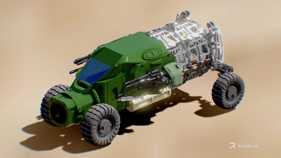 Green Off Road Functional Vehicle With Large Tires Exposed Frame And Mechanical Design Elements 3d model 