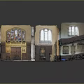 Cartoon Church Interior Scene Featuring Wooden Pews Columns Arched Doorway Open Books And Blue Tablecloth