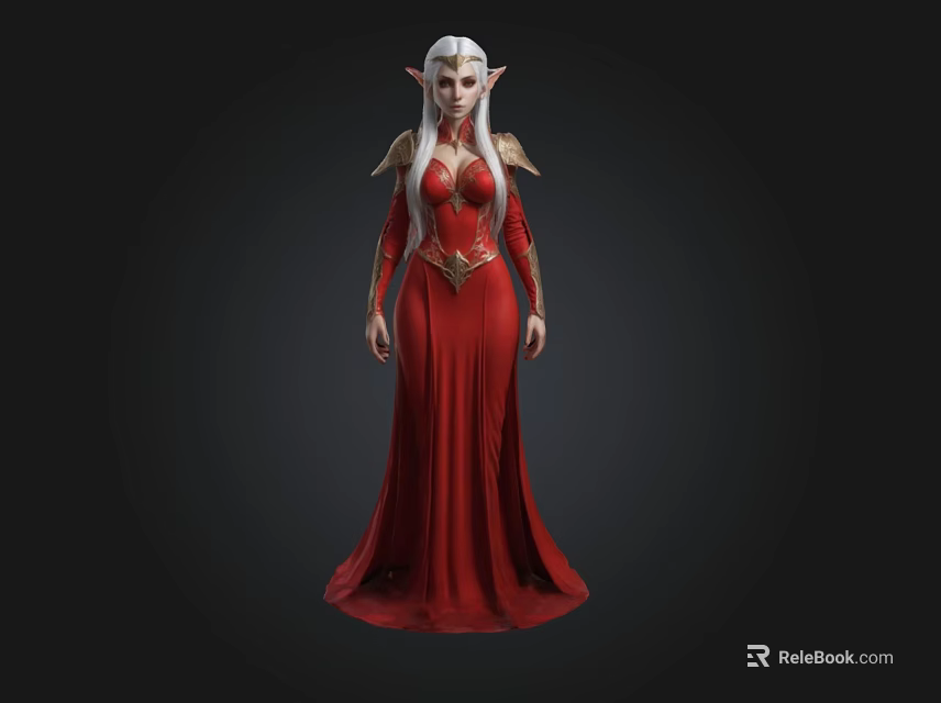 Elven Female Character In Red Gown With White Hair And Gold Accents 3d model 