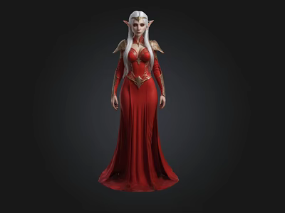 Elven Female Character In Red Gown With White Hair And Gold Accents 3d model
