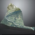 3D Topographic Terrain Model With Mountain River And Green Vegetation Layers