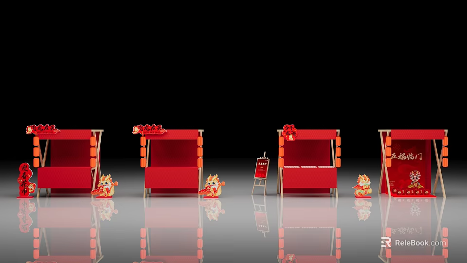 Red Display Stands with Golden Decorations on Black Background Reflective Floor 3d model