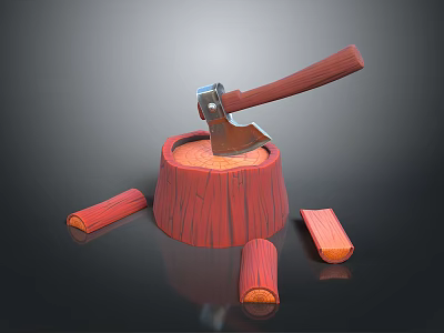 Sharp Axe With Wooden Handle Stuck In Red Wooden Stump Surrounded By Wood Logs 3d model