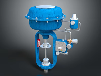 Blue Industrial Control Valve With Gauges Pipes And Red Label Design 3d model