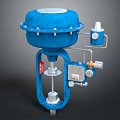 Blue Industrial Control Valve With Gauges Pipes And Red Label Design