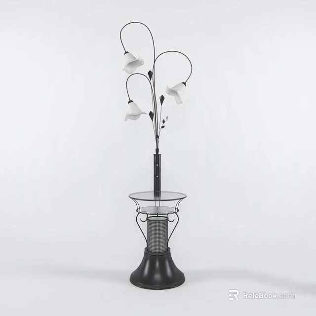 Elegant Floor Lamp With Curved Metal Stand Multiple White Shades And Glass Table Base 3d model 