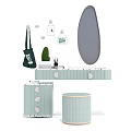 Light Green Dressing Table with Oval Mirror Potted Plant Notebook and Round Stool