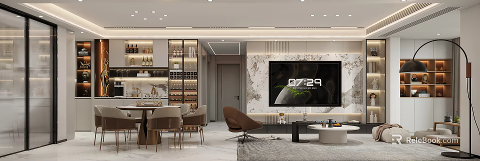 Modern Dining And Living Room With Marble Accent Wall Dining Table TV And Wine Cabinet 3d model 