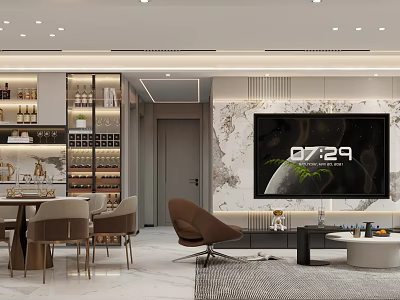 Modern Dining And Living Room With Marble Accent Wall Dining Table TV And Wine Cabinet 3d model