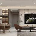 Modern Dining And Living Room With Marble Accent Wall Dining Table TV And Wine Cabinet