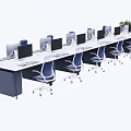 Modern Long Office Work Desk Setup With Multiple Computer Monitors Blue Chairs And Plants 3d model