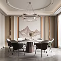 Elegant Modern Dining Room Interior With Round Table Chairs Pendant Light And Wall Art