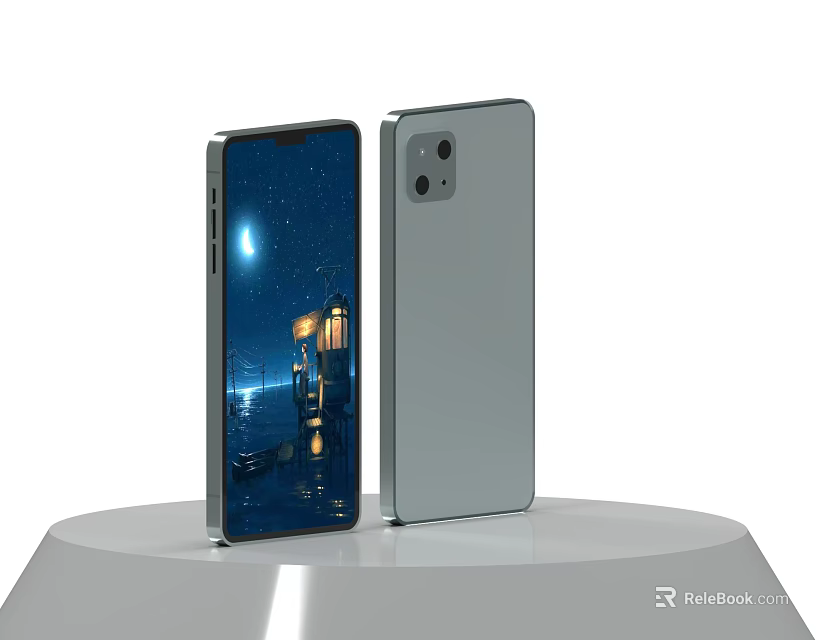 Silver Smartphone with Night View Display and Rear Camera Module on Display Stand 3d model 
