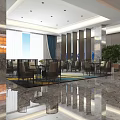 Modern Sales Office Interior With Housing Model Bookshelves Crystal Chandelier And Marble Floor