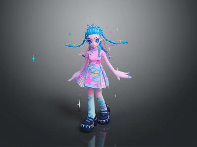 Colorful Game Character With Blue Braids Pink Top And Patterned Skirt Surrounded By Sparkling Stars 3d model