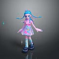 Colorful Game Character With Blue Braids Pink Top And Patterned Skirt Surrounded By Sparkling Stars