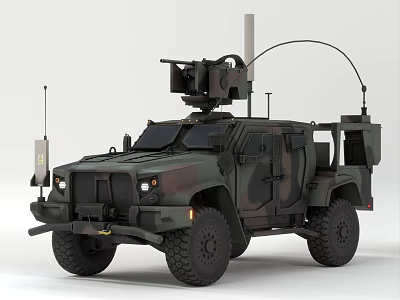 Military Utility Vehicle with Camouflage Paint Roof Mounted Equipment and Large Tires 3d model