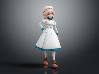 3D Model Of Standing Nurse Character With Pink Hair White Cap And Blue Trimmed Dress 3d model
