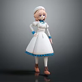 3D Model Of Standing Nurse Character With Pink Hair White Cap And Blue Trimmed Dress