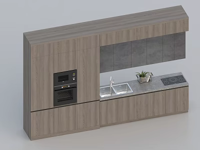 Modern Wooden Kitchen Cabinets With Oven Sink Cooktop And Potted Plant 3d model