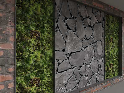 Natural Decorative Background Wall With Green Moss Stone And Brick Elements 3d model