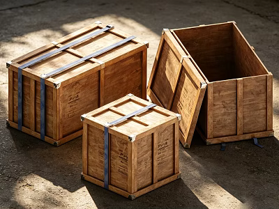Set of Sturdy Wooden Crates With Blue Straps in Different Sizes On Ground 3d model
