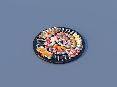 Assorted Sushi Platter With Various Fresh Sushi Rolls On Round Black Plate 3d model