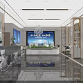 Modern Sales Office Interior With Reception Desk Mountain Landscape Painting Marble Floor And Chandeliers