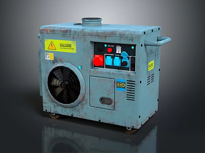 Rusty Blue Industrial Equipment With Side Mounted Fan Control Panel Warning Labels And Wheels 3d model