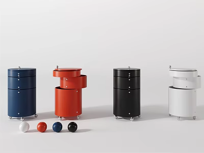 Blue Red Black White Bedside Tables with Drawers Wheels and Decorative Balls 3d model