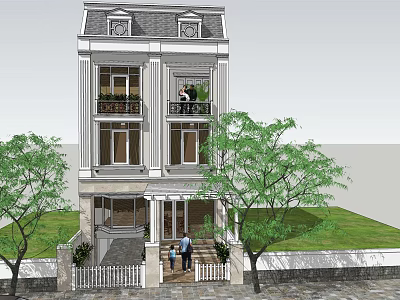 Three Story European Style Detached Villa With White Walls Gray Roof And Lawn 3d model