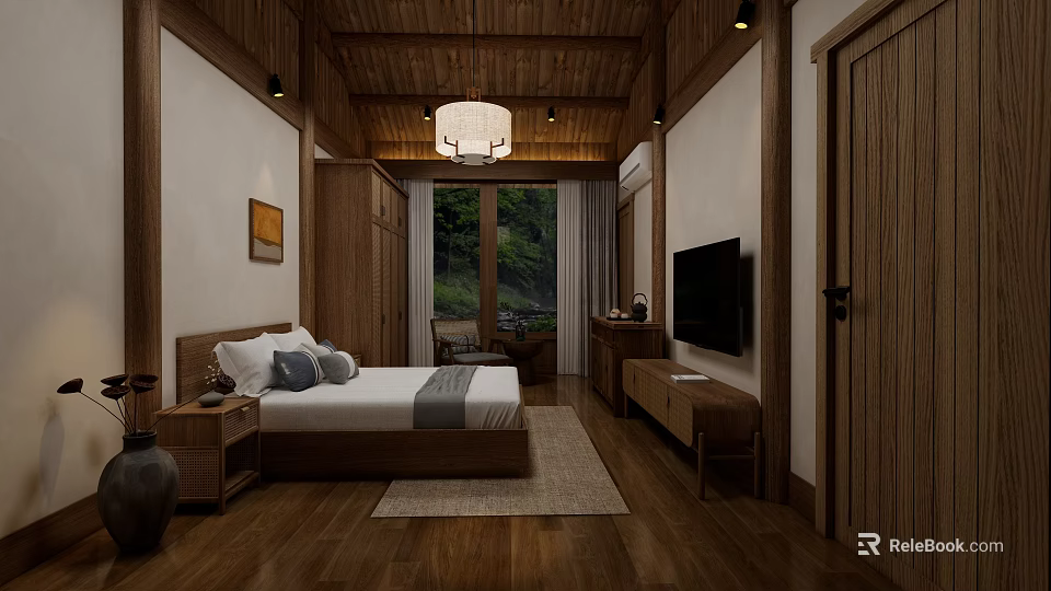 Hotel Room With Wooden Ceiling Flooring White Walls Large Bed And Natural Scenery Through Windows 3d model 