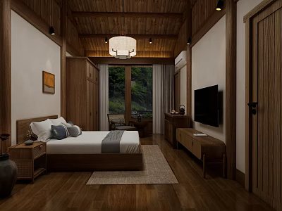 Hotel Room With Wooden Ceiling Flooring White Walls Large Bed And Natural Scenery Through Windows 3d model