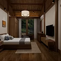 Hotel Room With Wooden Ceiling Flooring White Walls Large Bed And Natural Scenery Through Windows