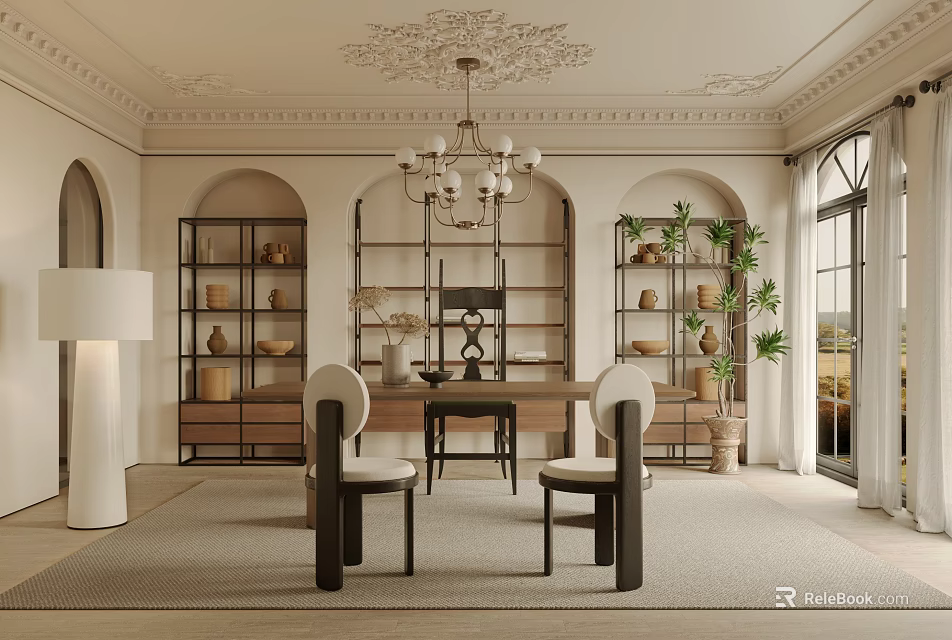 Elegant Study Room Interior With Shelves Table Chairs And Chandelier 3d model