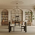 Elegant Study Room Interior With Shelves Table Chairs And Chandelier 3d model
