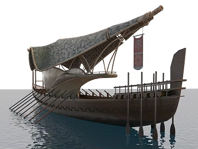 Ancient Style Wooden Ship On Water With Sail And Oars 3d model