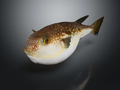 Puffed Pufferfish With Brown White Spots And Yellow Eyes In Close Up View 3d model