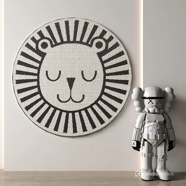 Cute Black And White Round Rug With Cartoon Lion Head And Radiating Lines Design 3d model 