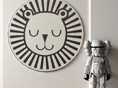 Cute Black And White Round Rug With Cartoon Lion Head And Radiating Lines Design 3d model