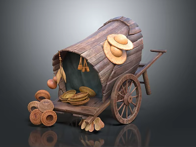 Vintage Wooden Cart Displaying Straw Hats And Woven Baskets On Wheels 3d model