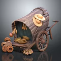 Vintage Wooden Cart Displaying Straw Hats And Woven Baskets On Wheels