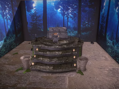 Enchanted Woodland Scene With Stone Tiered Structure Flaming Center And Mossy Stone Basins 3d model