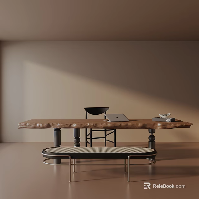 Modern Minimalist Dining Table Set with Chair Bench Laptop and Decorative Items 3d model 