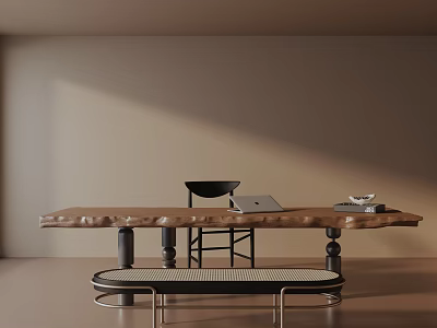 Modern Minimalist Dining Table Set with Chair Bench Laptop and Decorative Items 3d model