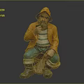 Fisherman Statue Wearing Orange Jacket Striped Shirt Holding Pipe With Fish In Net Bag