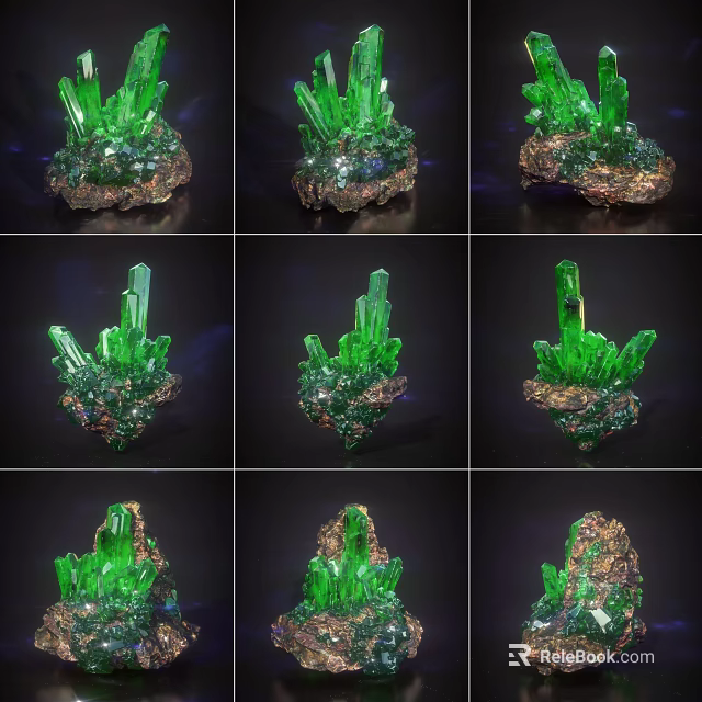 Natural Green Emerald Crystal Jewelry With Copper Base And Multiple Angles 3d model 
