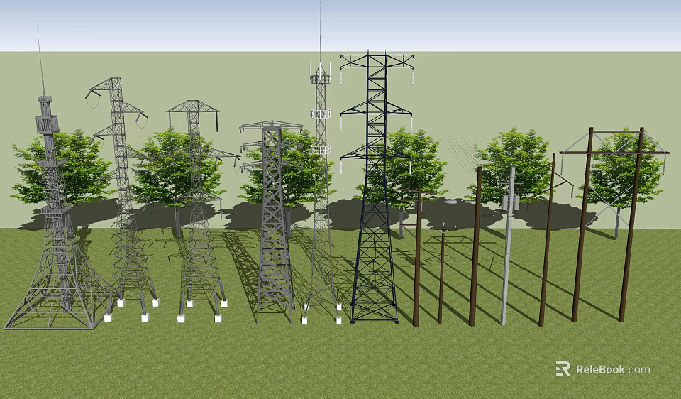 Industrial Equipment Various Types of Electricity Pylons in Outdoor Area with Trees and Grassland 3d model 
